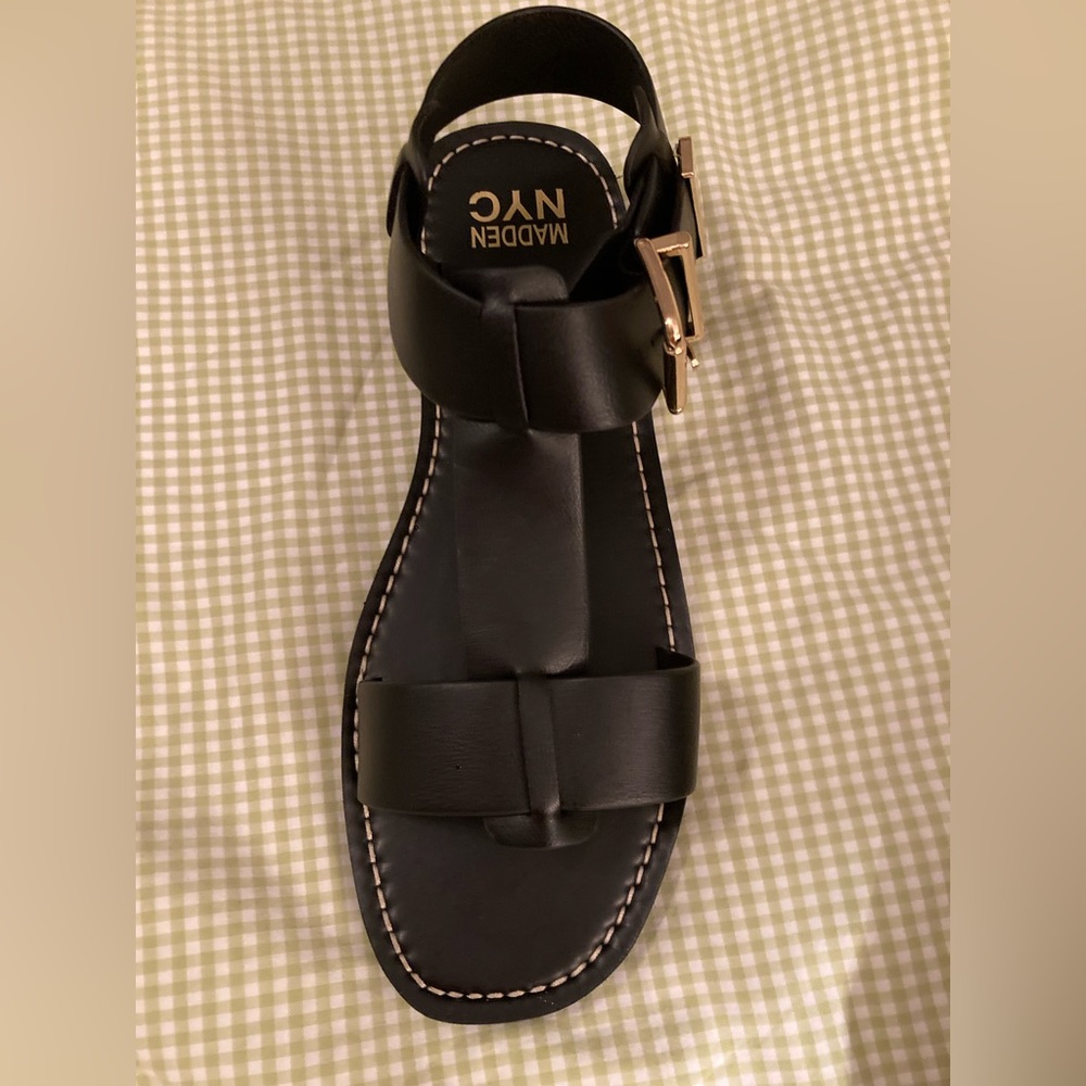 NYC Madden Black Flat Buckle Sandals Gold Buckles